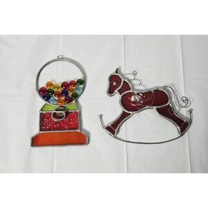 Vintage Stained Glass Christmas Sun catchers Gumball Machine & Rocking Horse